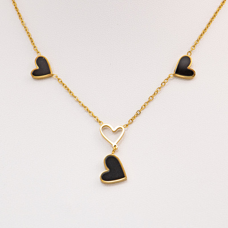 Stainless Steel Gold Connecting Black Hearts Necklace Jewelry