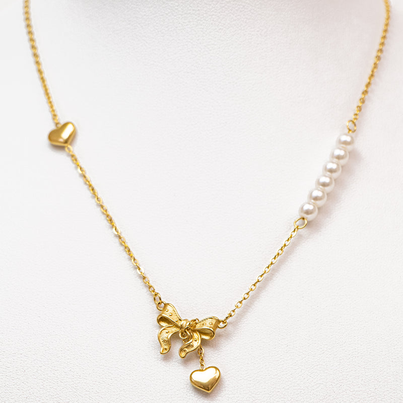 Stainless Steel Gold Pearls and Bow Necklace Jewelry