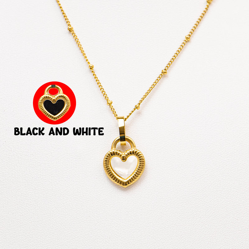 Stainless Steel Reversible Gold Black & White Heart Satellite Necklace Jewelry