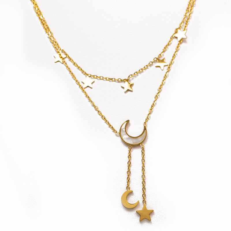 Stainless Steel Gold Stars and Moons Necklace Jewelry