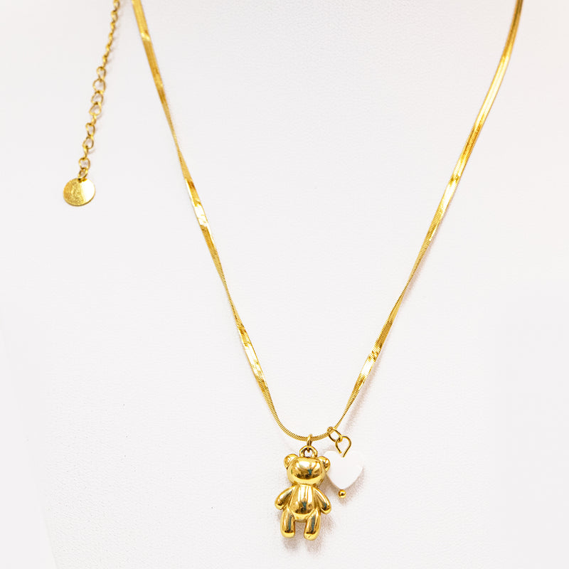 Stainless Steel Gold Bear & Shell Heart Snake Chain Necklace Jewelry