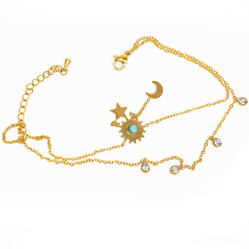 Stainless Steel Gold Moon, Stars & Rhinestone Anklet Jewelry