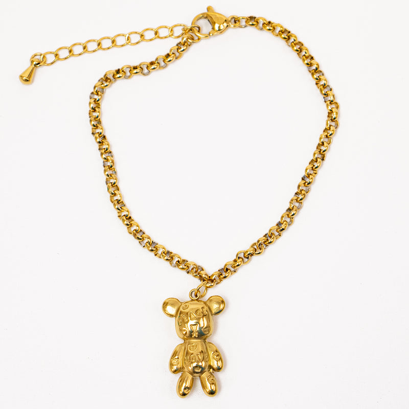 Stainless Steel Gold Rolo Chain Bear Charm Bracelet Jewelry