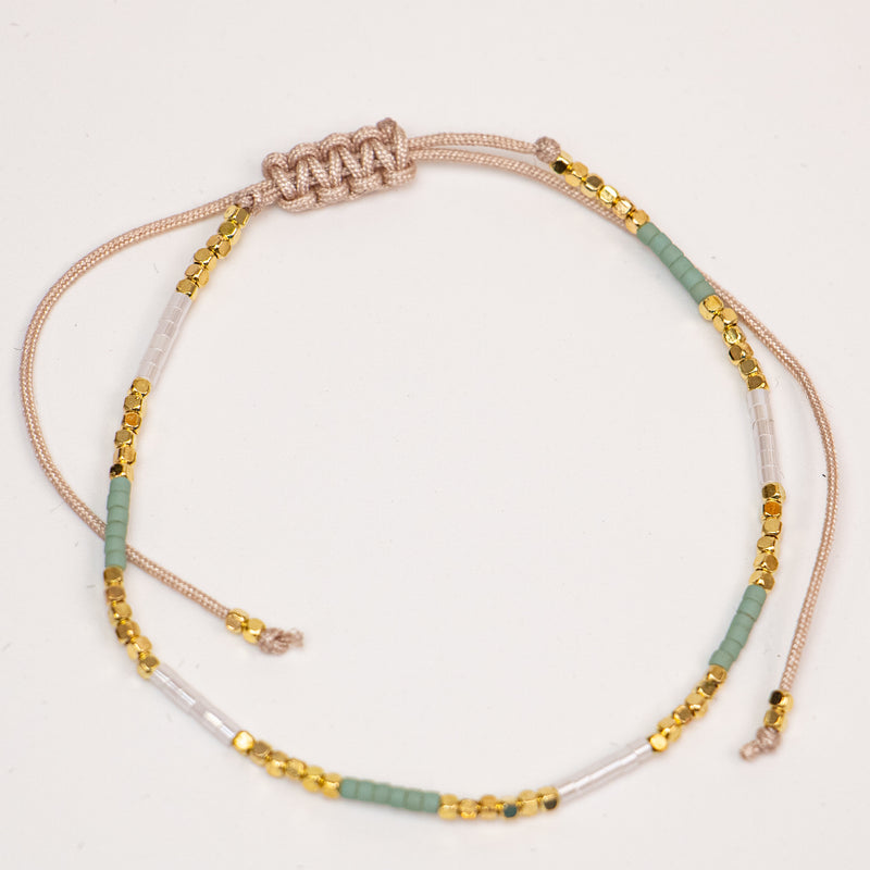 Gold, Teal & White Bead Adjustable Bracelet