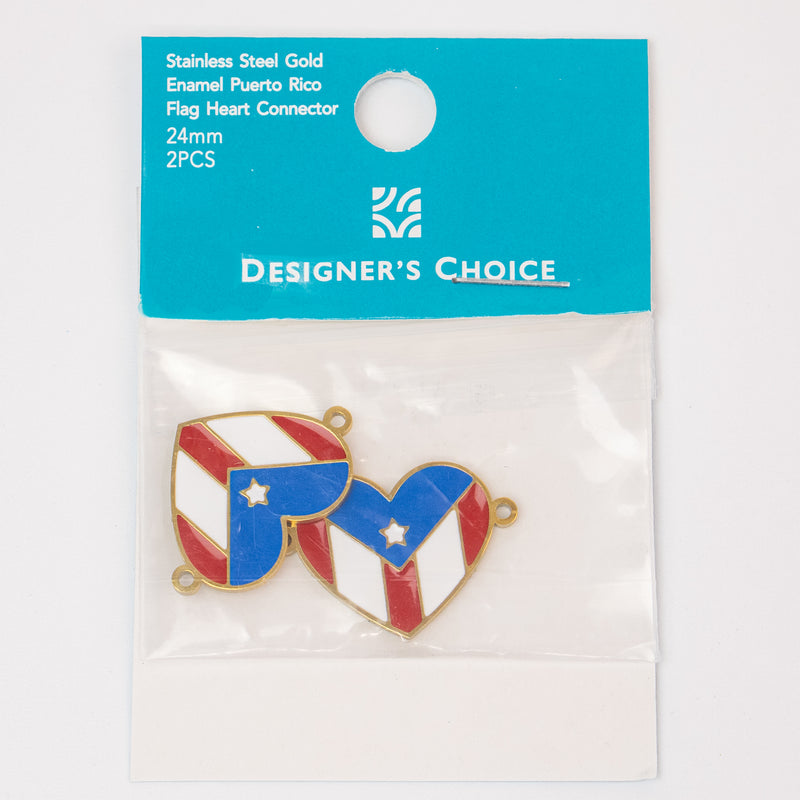 Stainless Steel Gold Enamel Puerto Rico Flag Heart Connector