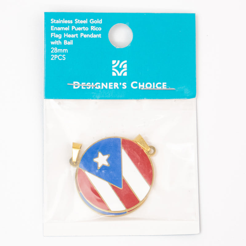 Stainless Steel Gold Enamel Puerto Rico Flag Round Pendant with Bail