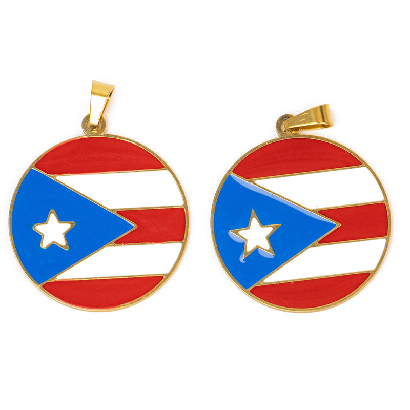 Stainless Steel Gold Enamel Puerto Rico Flag Round Pendant with Bail