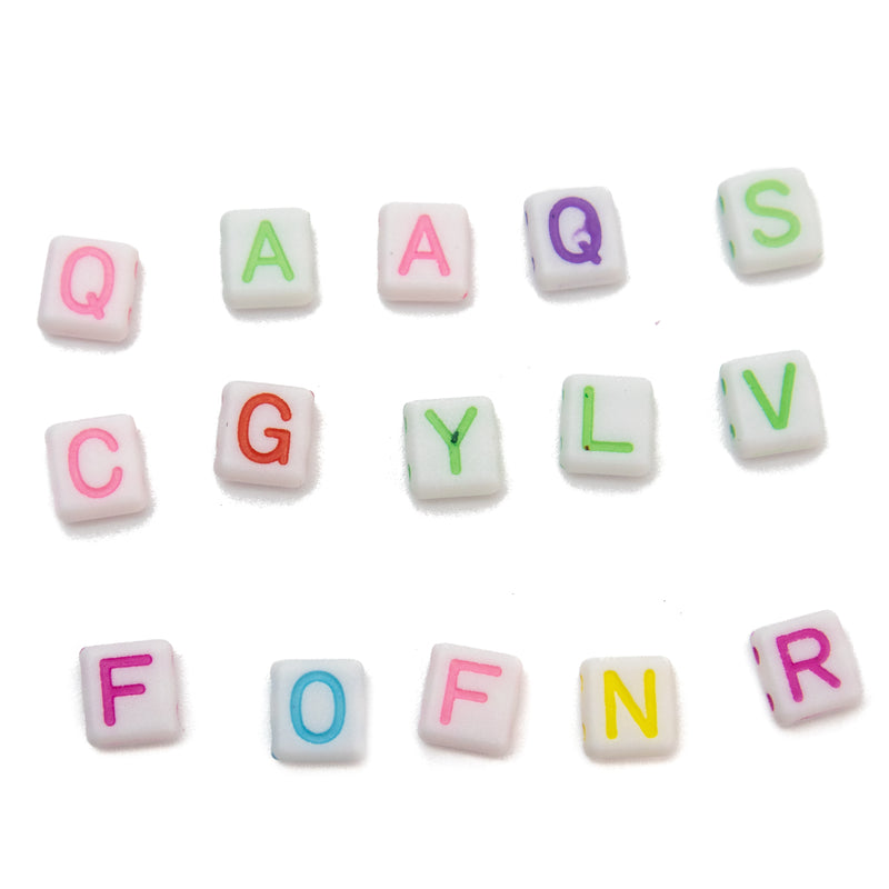 Acrylic Square White Beads w/ Multicolor Letters