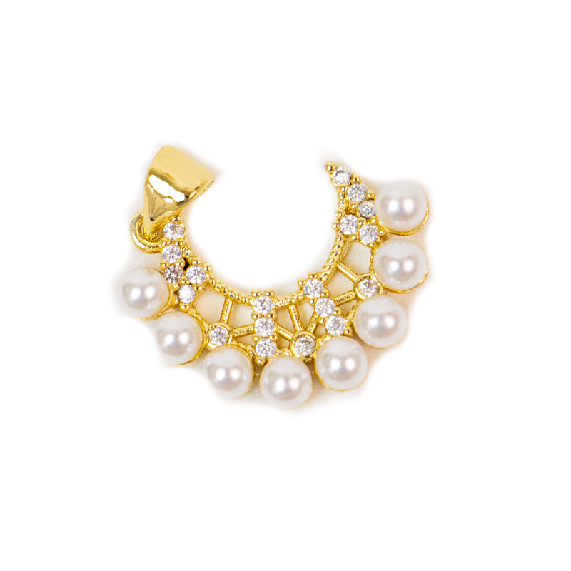 Micro Pave Gold Plated Moon Pendant with Imitation Pearls and Bail