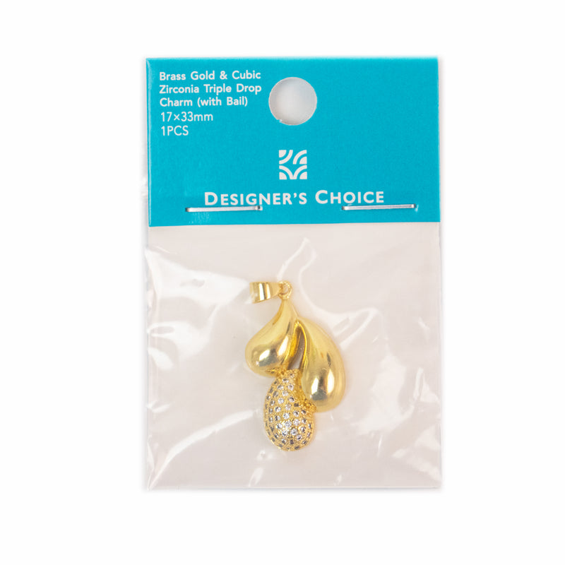 Cubic Zirconia Gold Plated Triple Drop Charm with Bail