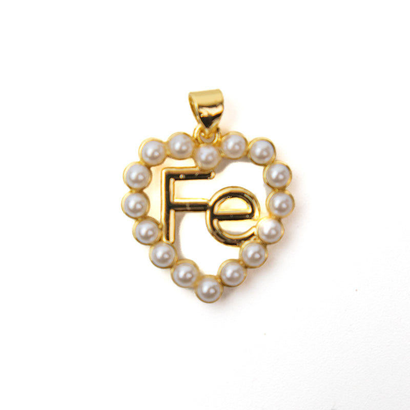 Brass Gold Heart "Fe" Pendant with Imitation Pearls