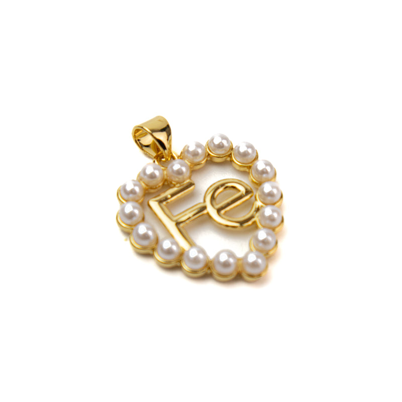 Brass Gold Heart "Fe" Pendant with Imitation Pearls