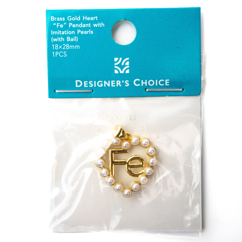 Brass Gold Heart "Fe" Pendant with Imitation Pearls