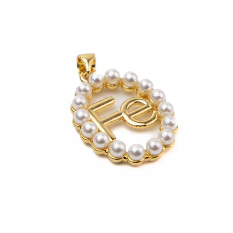 Brass Gold Oval "Fe" Pendant with Imitation Pearls