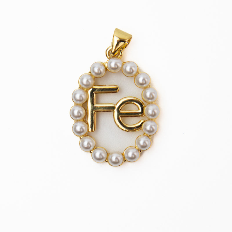 Brass Gold Oval "Fe" Pendant with Imitation Pearls