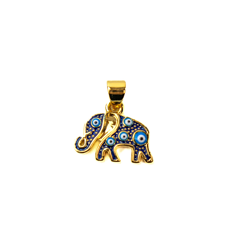 Brass Gold Enamel Blue Elephant & Evil Eye Pendant