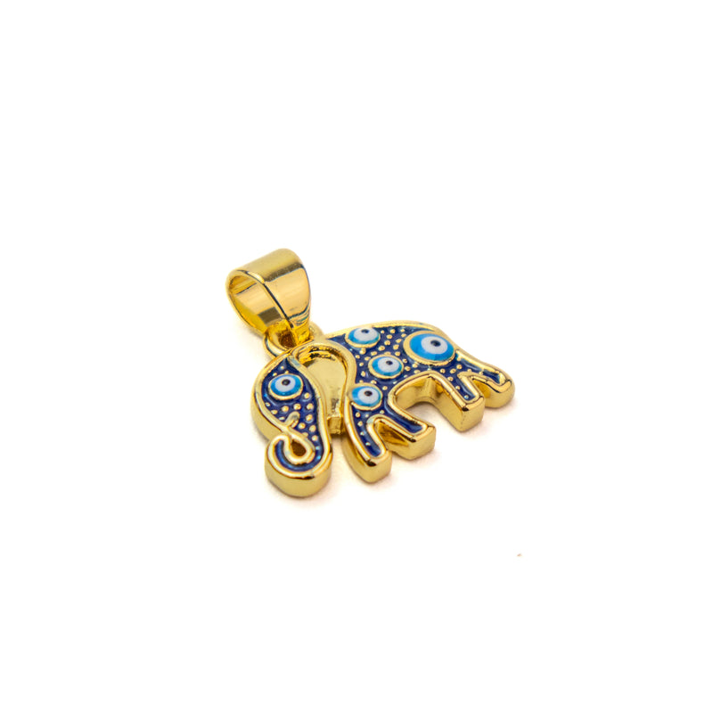 Brass Gold Enamel Blue Elephant & Evil Eye Pendant