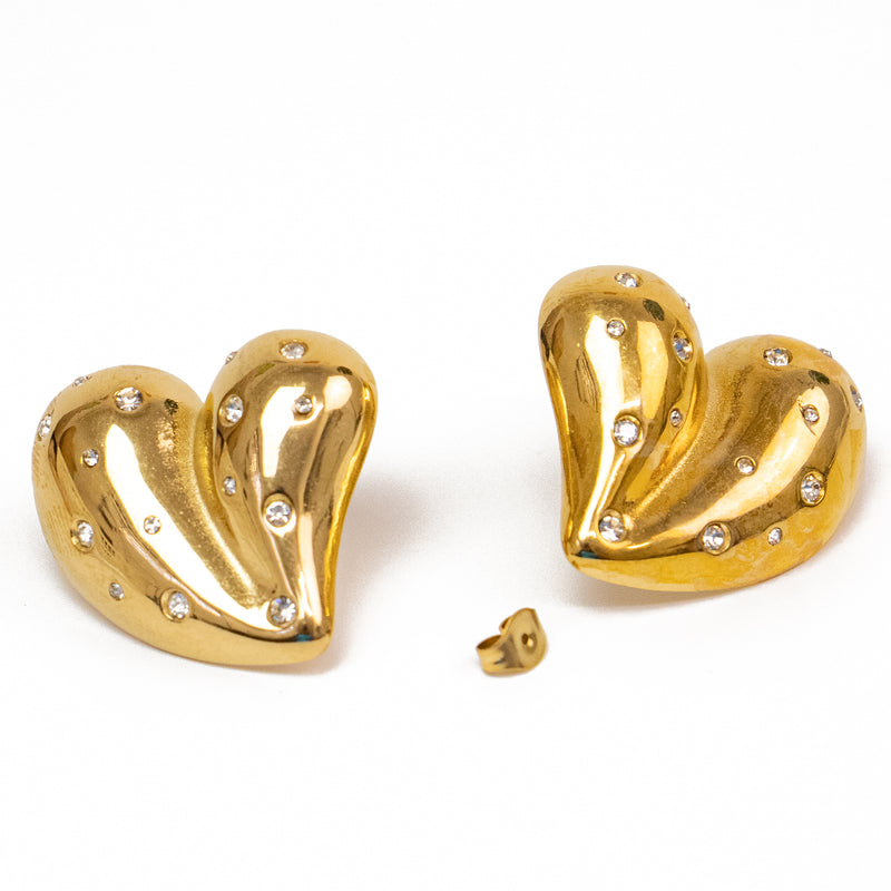 Stainless Steel Gold Puffed Heart Earrings with Rhinestones