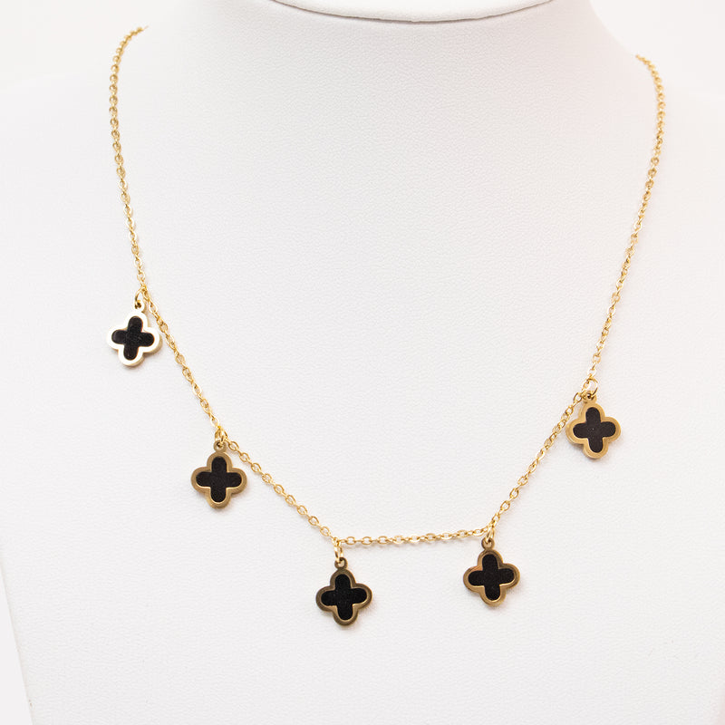 Stainless Steel Gold Necklace with Black Clovers