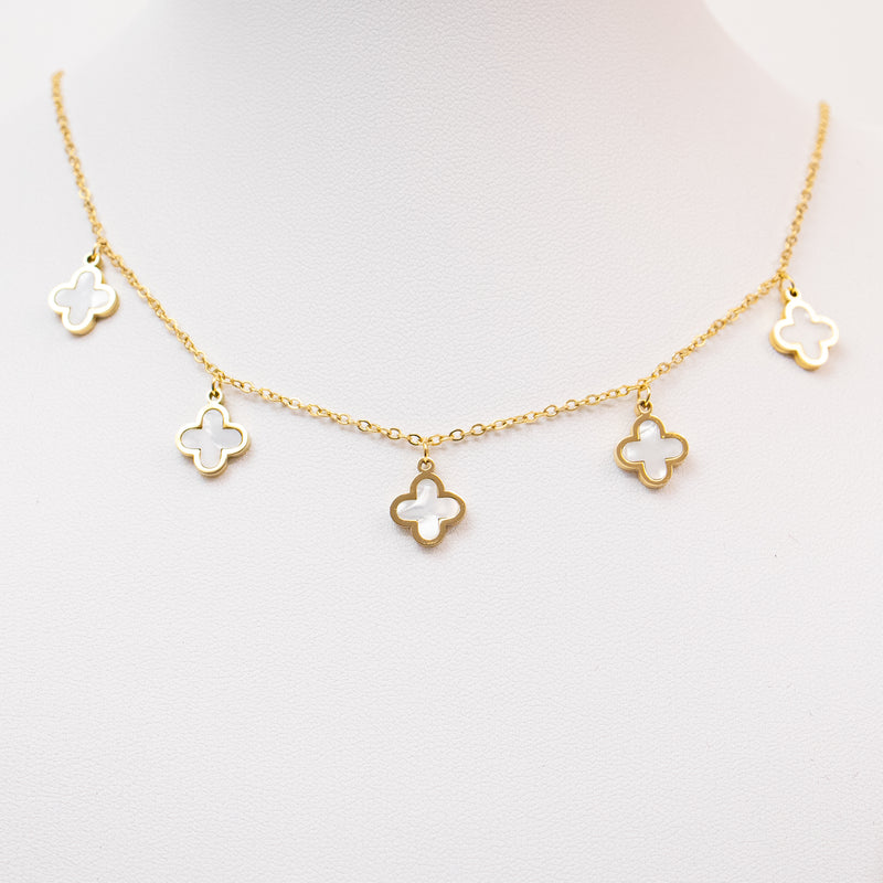 Stainless Steel Gold Necklace with White Clovers