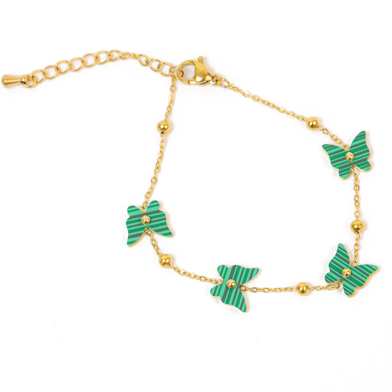 Stainless Steel Gold Bracelet with Green Butterflies