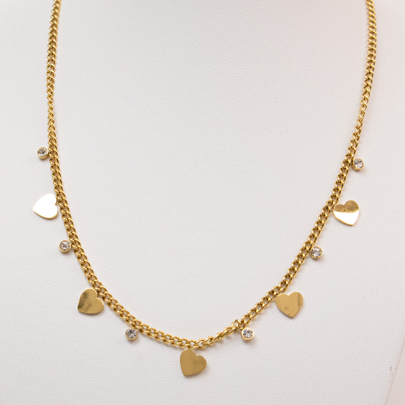 Stainless Steel Gold Necklace with Golden Hearts and Rhinestone Circles