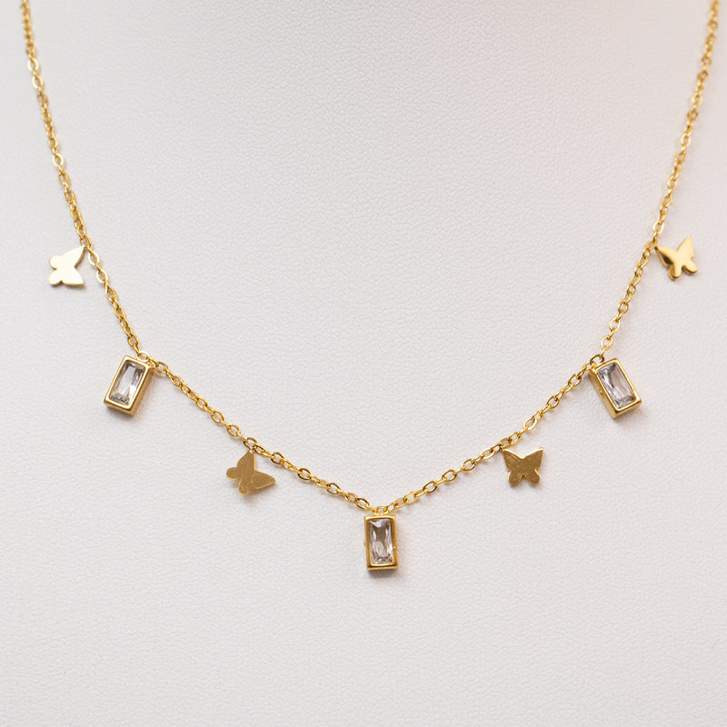 Stainless Steel Gold Necklace with Butterflies and Clear Rhinestone Squares