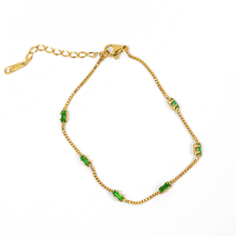 Stainless Steel Gold Bracelet with Emerald Rhinestone Squares