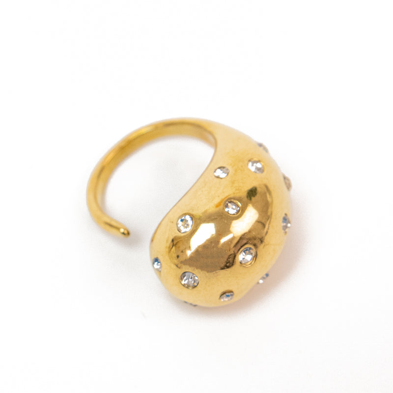 Stainless Steel Gold Adjustable Ring with Incrusted Rhinestones