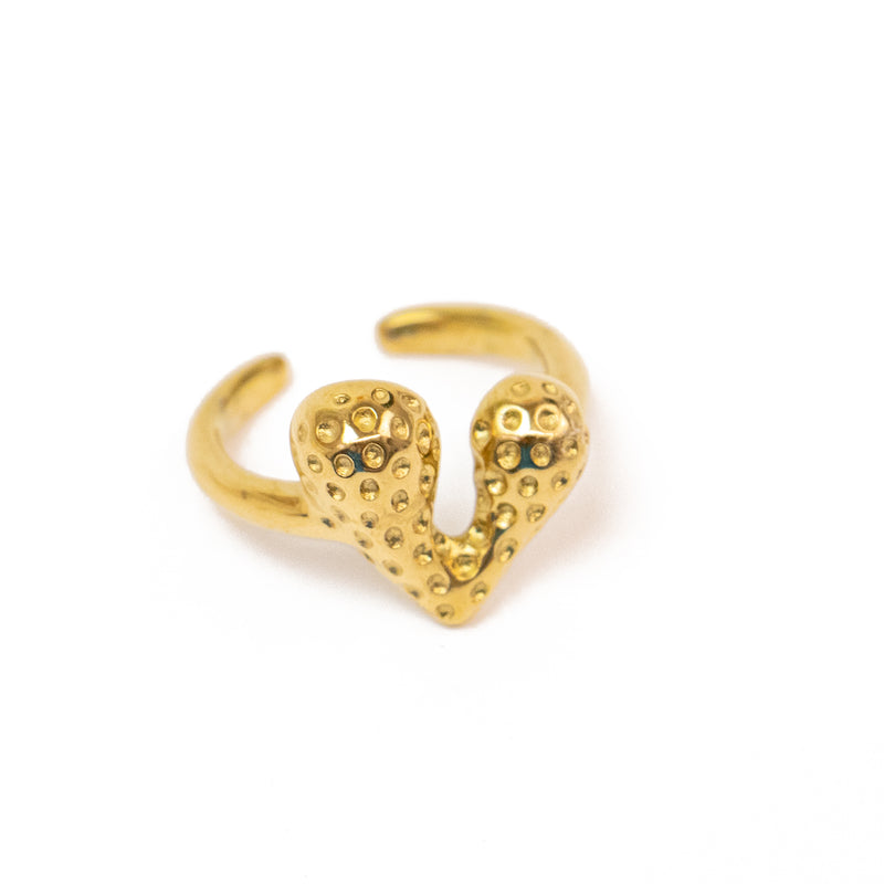 Stainless Steel Gold Adjustable Ring with Hammered Heart Broken Shape