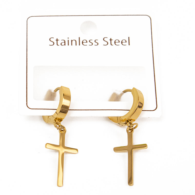 Stainless Steel Gold Hoop Earrings with Cross Pendant