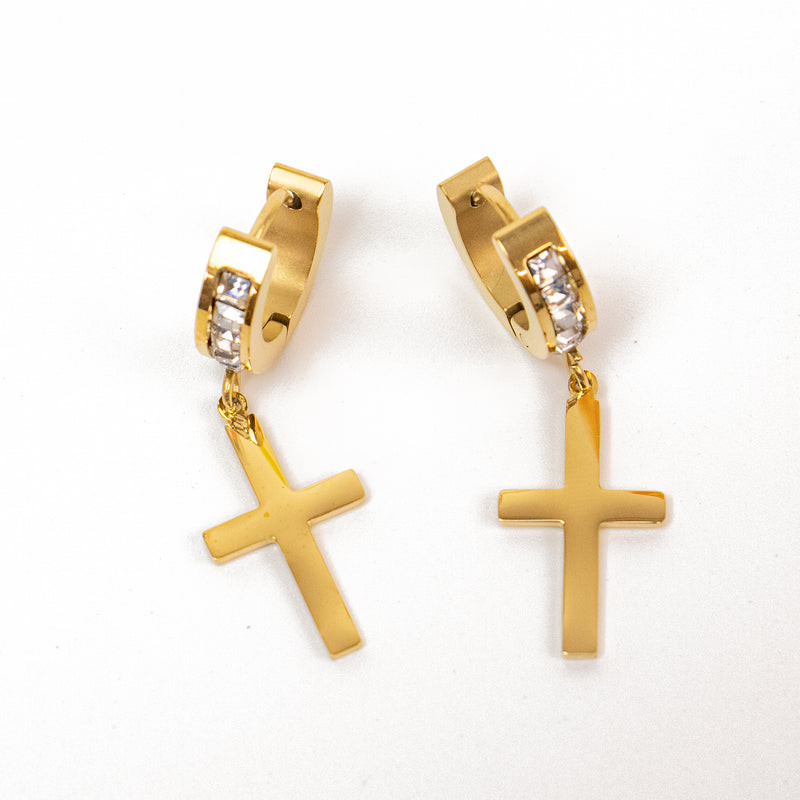 Stainless Steel Gold Hoop Earrings with Rhinestones and Cross Pendant