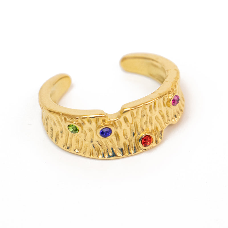 Stainless Steel Gold Hammered Ring with Multicolor Rhinestones