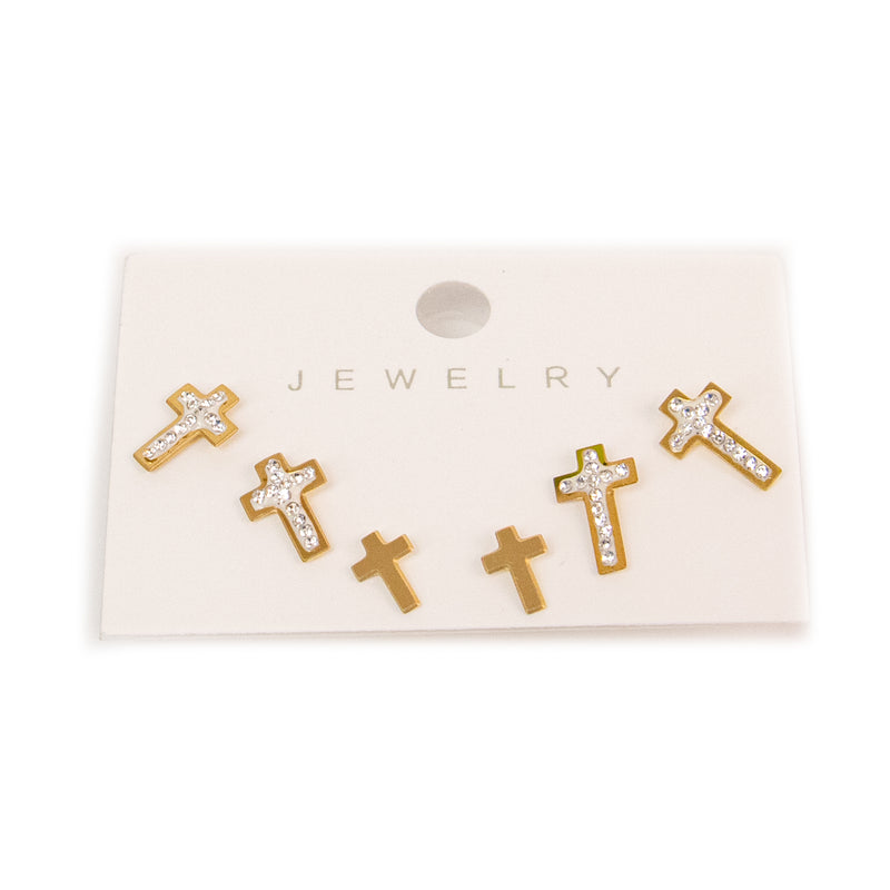 Stainless Steel Gold and Rhinestone Cross Earrings