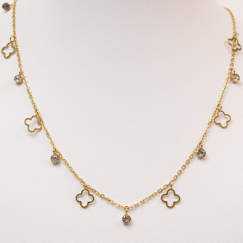 Stainless Steel Gold Necklace with Clovers and Rhinestone Circles