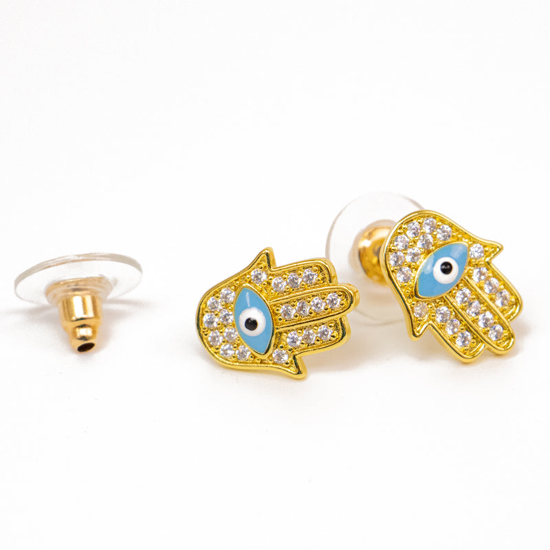 Stainless Steel Gold Earrings Hamsa Hand with Evil Eye