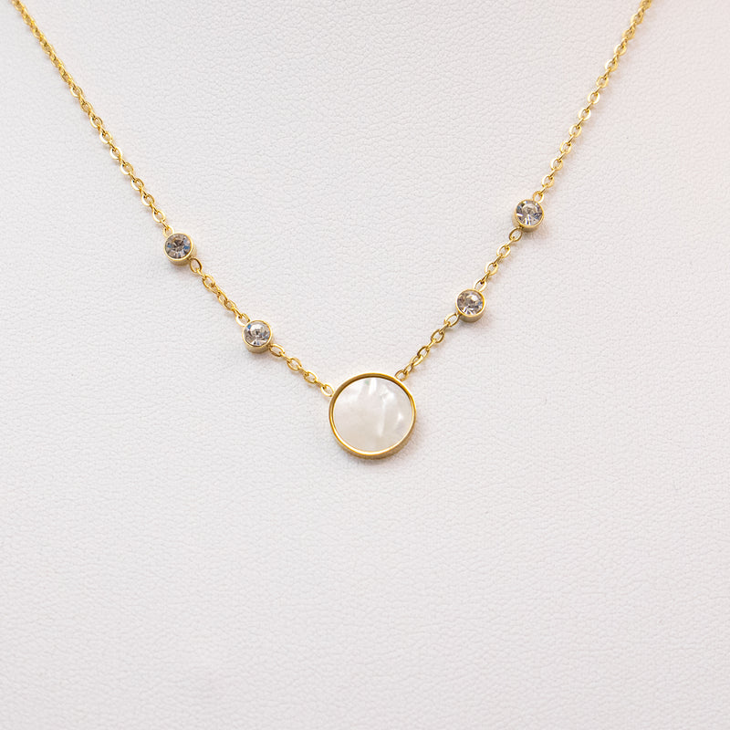 Stainless Steel Gold Necklace with Rhinestones and Mother Pearl connector