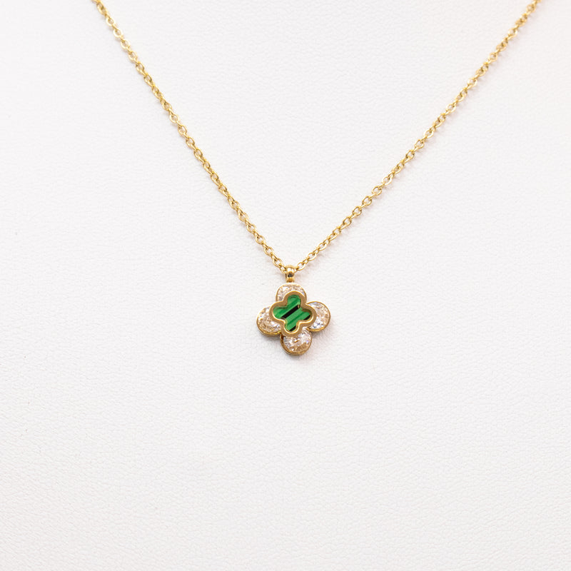 Stainless Steel Gold Necklace with Double Clover with Rhinestone