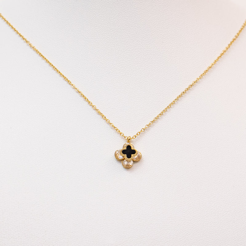 Stainless Steel Gold Necklace with Double Clover and Rhinestones