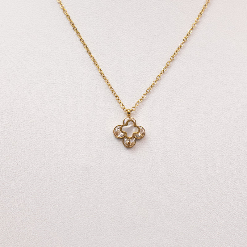 Stainless Steel Gold Necklace with Double Clover and Rhinestones