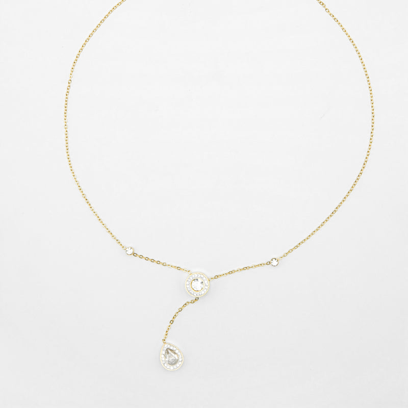 Stainless Steel Gold Chain Lariat Necklace with Rhinestones