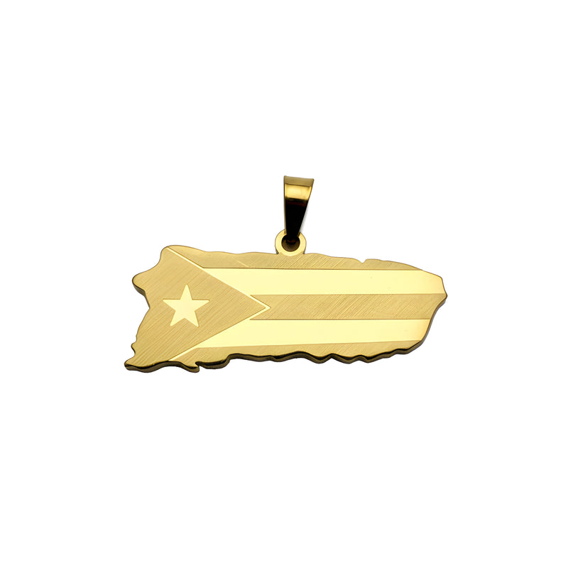 Stainless Steel Puerto Rico map Gold Pendant w/engraved flag