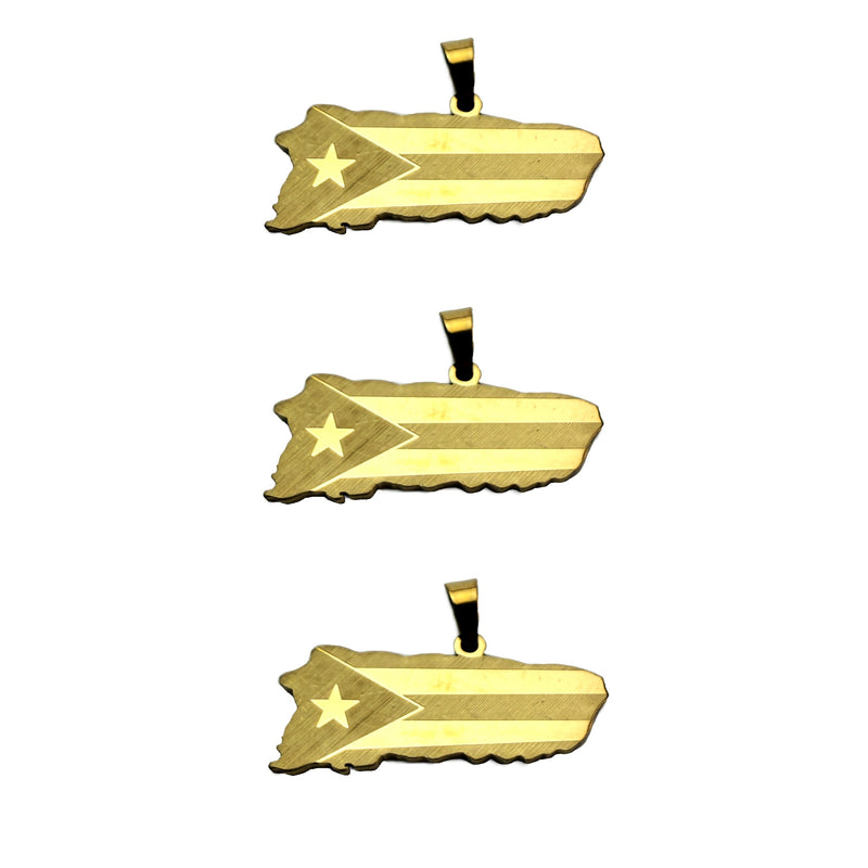 Stainless Steel Puerto Rico map Gold Pendant w/engraved flag