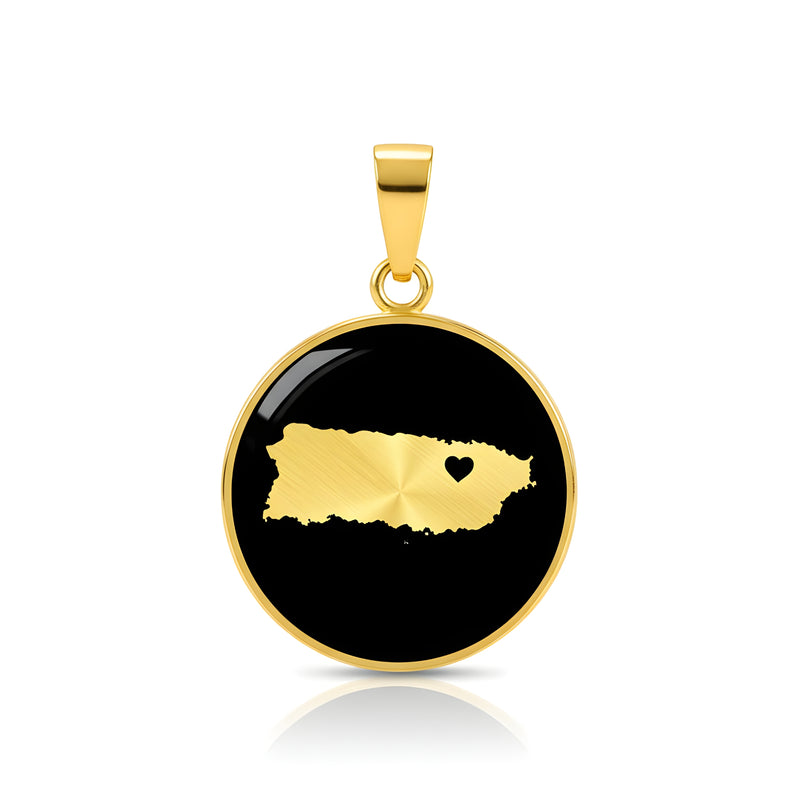 Stainless Steel Round Pendant with Puerto Rico map & heart