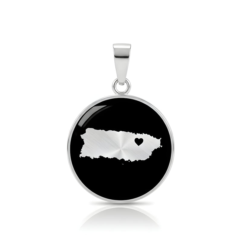 Stainless Steel Round Pendant with Puerto Rico map & heart
