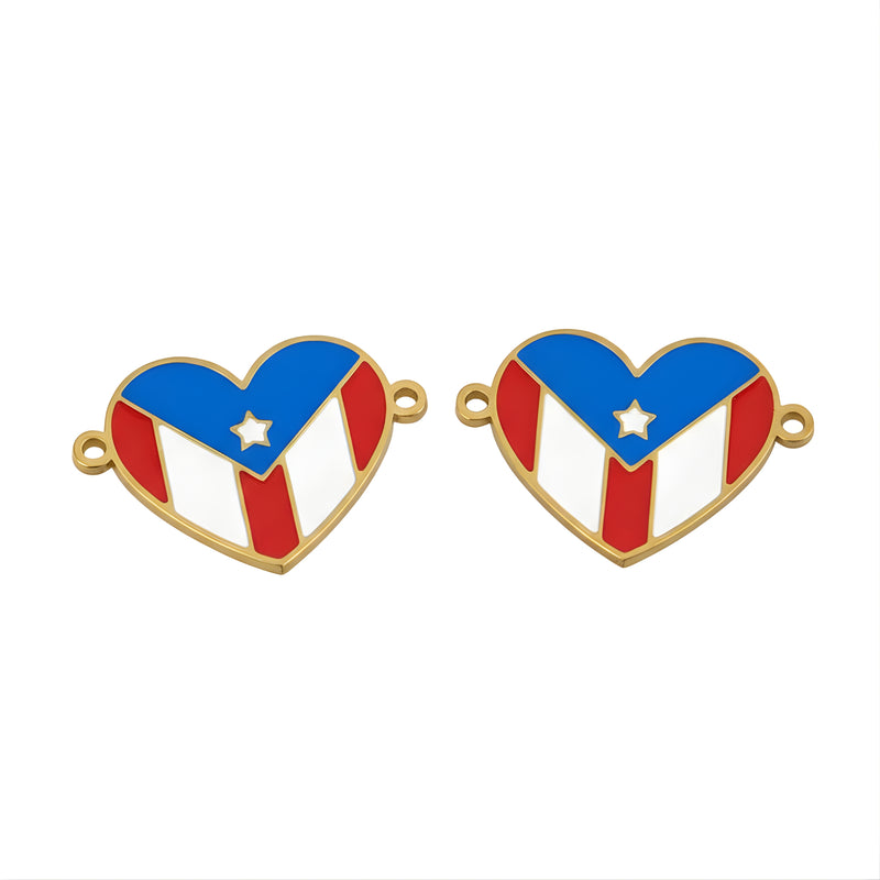 Stainless Steel Gold Enamel Puerto Rico Flag Heart Connector