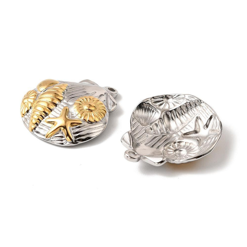Stainless Steel Silver Shell Charm with Gold Tones