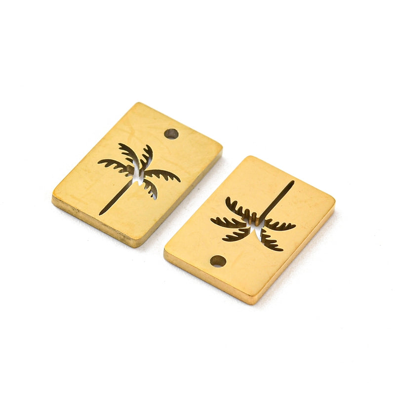 Stainless Steel Gold Rectangle Coconut Tree Charm