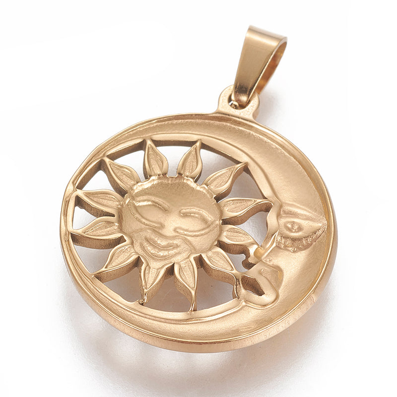 Stainless Steel Gold Sun with Moon Pendant