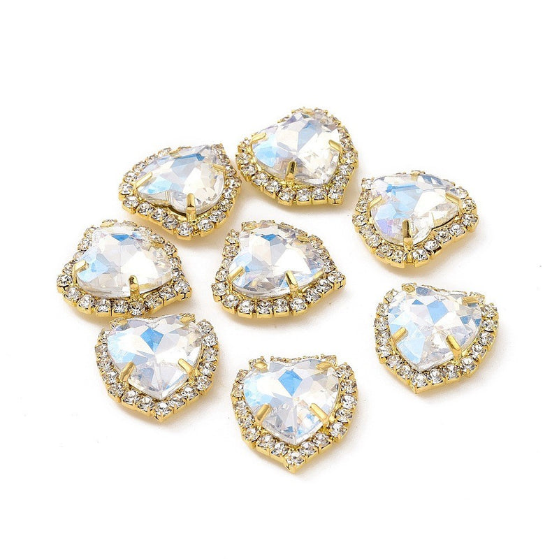 Brass Heart Sew-On Faceted Glass Clear Rhinestone (5 PCS)
